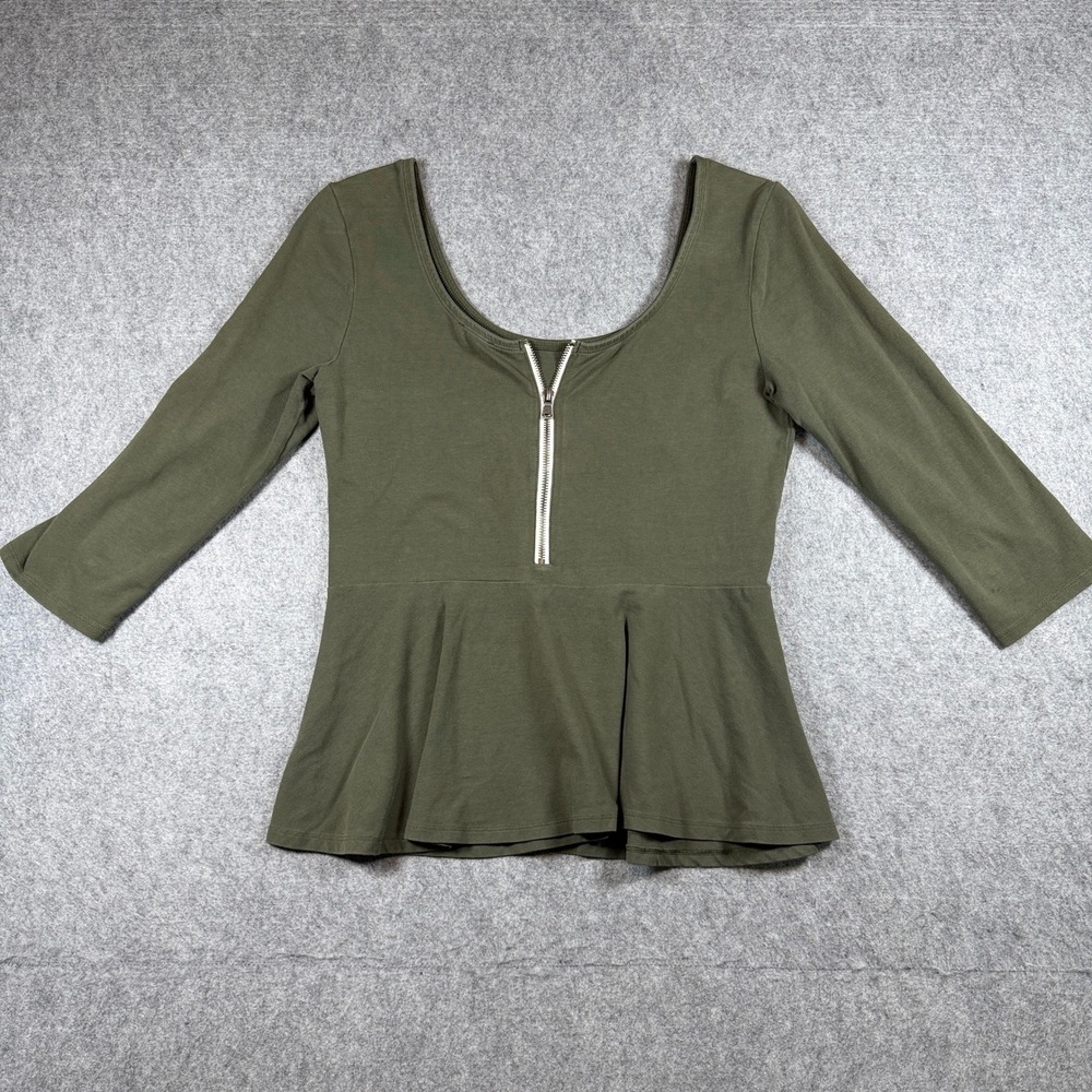 Express Womens Peplum Top Large Olive Green Zipper Front 3/4 Sleeve Jersey